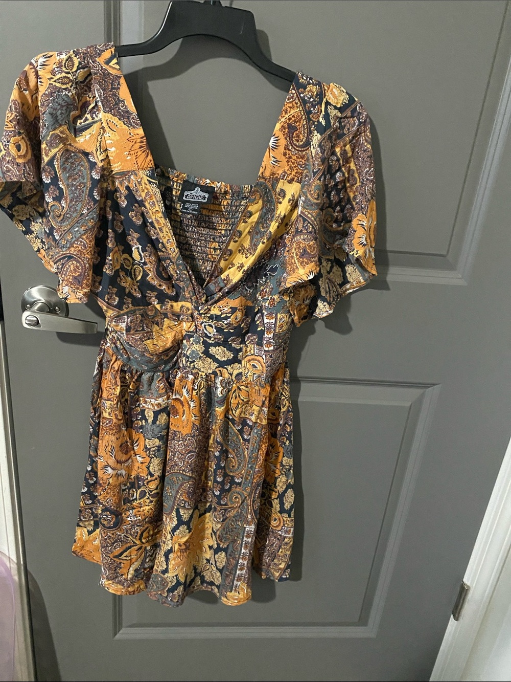 Angie Paisley V-Neck Mini Dress in Mustard, Black & Teal Accents